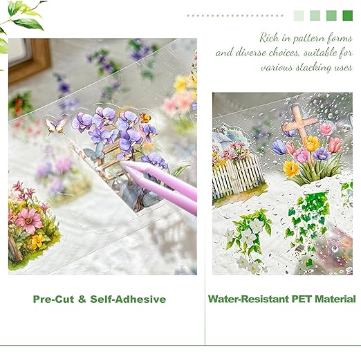 Deep Lane in Bloom PET Pre-Cut Floral Tape Set - 6 Rolls Transparent Garden Sticker Strips + 1 Clip for Scrapbook Journals Junk Journal Collage DIY Décor