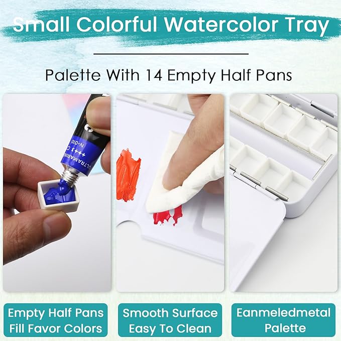 Watercolor Palette Empty with 14PCS Watercolor Half Pans - Sturdy Empty Watercolor Palette Tin - Watercolor tin for Gouache, Watercolor and Acrylic Painting