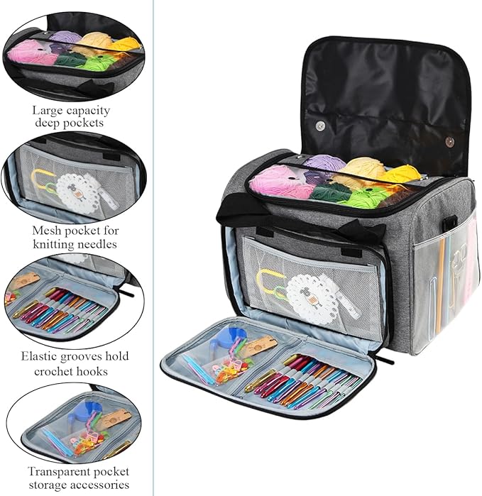 Weabetfu Large Crochet Bag Knitting Bags and Totes Organizer Huge Yarn Bag Storage for Crocheting Knitter,Crochet Hooks,Knitting Needles Kit,Supplies,Yarn - Ideal Crochet & Knitting Gift(Grey)