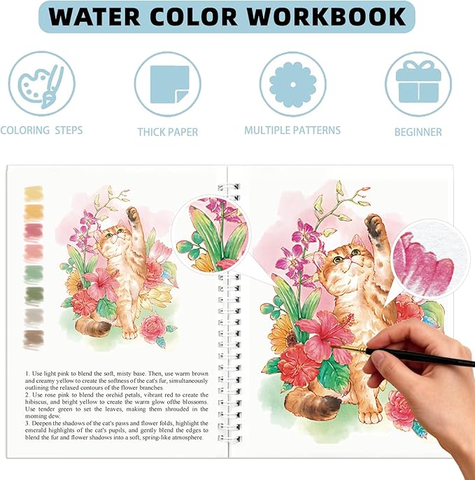 Watercolor Workbook, 15 Different Patterns of Original DIY Paintings for Water Color Book, 8.7 * 6.7inch, Water Coloring Book for Beginners Adults (Without Palette, Animals)