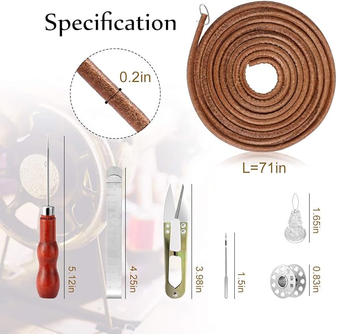 Magicfour Treadle Sewing Machine Belt for Singer/Jones, 2 Pack 71" 3/16" Leather Belt with Hook for Treadle Sewing Machine, Accessories Included