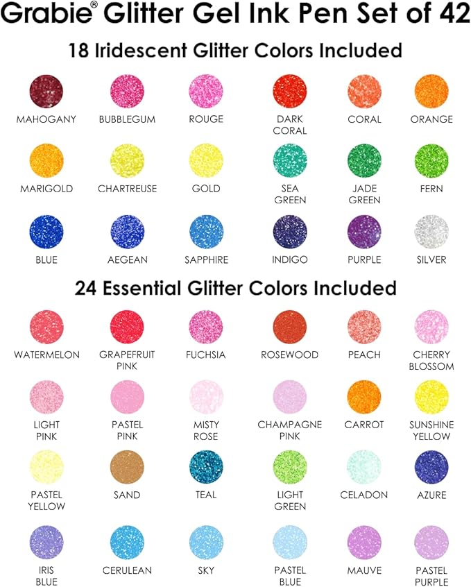Grabie 42 Capped Glitter Gel Pen Set, 18 Iridescent&24 Essential Color Pens, Smooth Rollerball Tip, Metallic Sparkly Gel Pens for Coloring, Set of 42 Gel Pens Colored