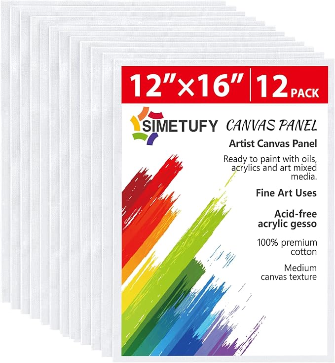Simetufy 12 Pack 12x16 Inch Large Canvas Boards for Painting Flat Canvas Panels, Gesso Primed Acid-Free 100% Cotton for Acrylic Oil Watercolor Tempera Paint