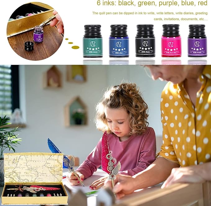 NC Feather Calligraphy Set, Quill Pen Ink Set Includes 5 Bottles of Ink and 6 Replaceable Stainless Steel Nibs, Calligraphy Pen for Writing, Writing Letters, Signing Invitations Etc (Red)