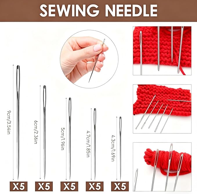 37 Pcs Big Eye Steel Sewing Needles Kit，Needles Thread Hand Repair Tools, Multi-Purpose Needle and Thread Kits, Sewing Working Kit for Beginners
