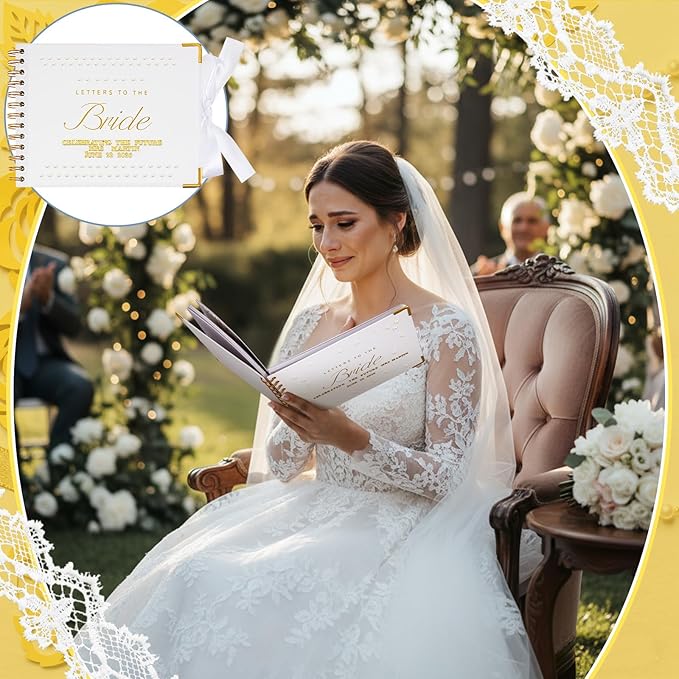 8.5 x 7 Inch Wedding Guest Book Letters to The Bride Scrapbook Wedding Memory Book Bridal DIY Blank Paper Scrapbook Photo Album Guest Sign with Pearl Stickers, Metallic Letters, Bows