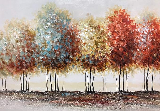 Tiancheng Art, 24x48 Inch Modern Abstract Oil Hand Paintings Tree Art 3D Hand-Painted Living Room And Bedroom Wooden Frame Ornaments Canvas Acrylic Wall Art Colorful Forest Home Hanging Decoration