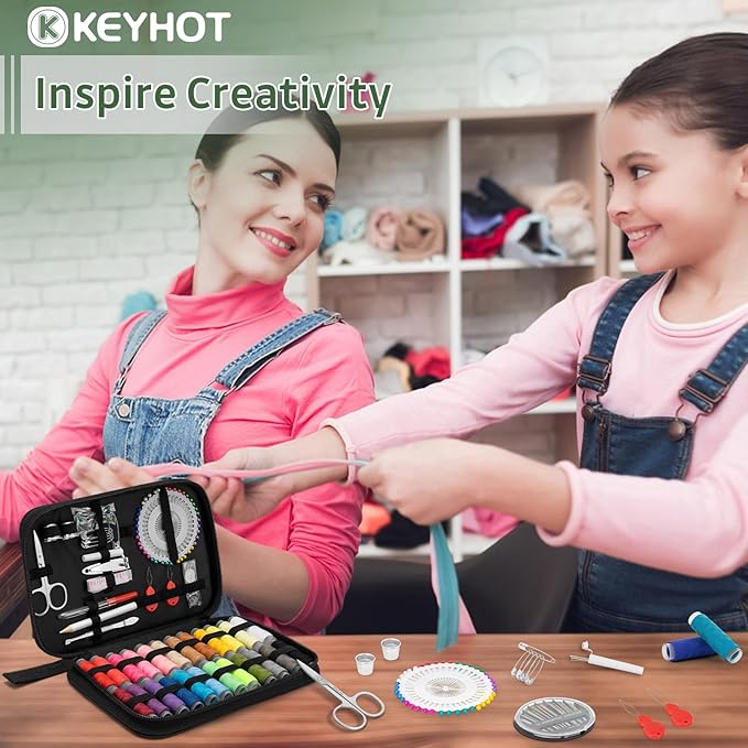 KEYHOT Sewing kit Basic,Needle and Thread Kit,Travel Small Sewing Machine Supplies for Adults Beginners Men, Home Travel Emergency Including Scissors Measure Tape Needle Threader (130pcs)
