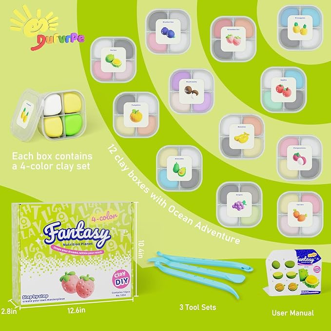 Dufvrpe Air Dry Modeling Clay for Kids - Nutrition Planet, 12 Boxes Clay Kit with 4 Tools & Tutorials, Soft DIY Craft Kit for Art Projects, Creative Gift for Boys & Girls Ages 3+