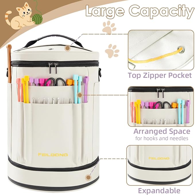 Yarn Bag Organizer, Expandable Knitting Bag Storage Crochet Bag, Portable Yarn Storage Tote Bags Organizer for Crocheting Accessories Yarn Holder for Crochet Lovers with Case, White