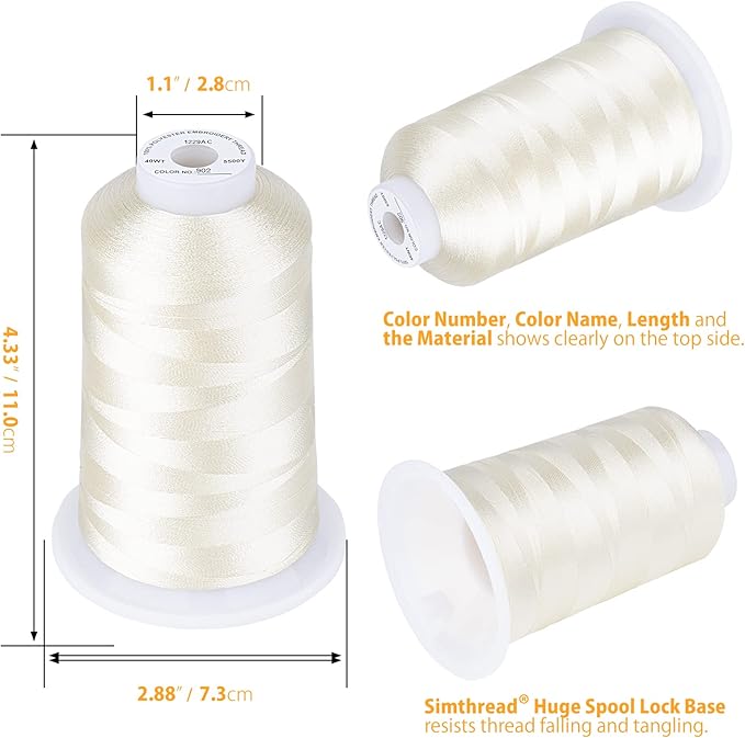 Simthread Embroidery Thread 5500 Yards Ivory 902, 2 Huge Spools 40wt Polyester for Brother, Babylock, Janome, Singer, Pfaff, Husqvarna, Bernina Machine
