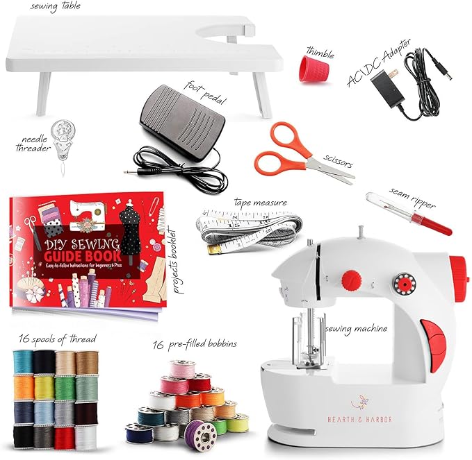 Hearth & Harbor Mini Sewing Machine for Beginners, Dual Speed Small Portable Sewing Machine for Kids and Adults with Extension Table, 48 Piece Gift Set Includes, Pedal, Projects Book and More, Red