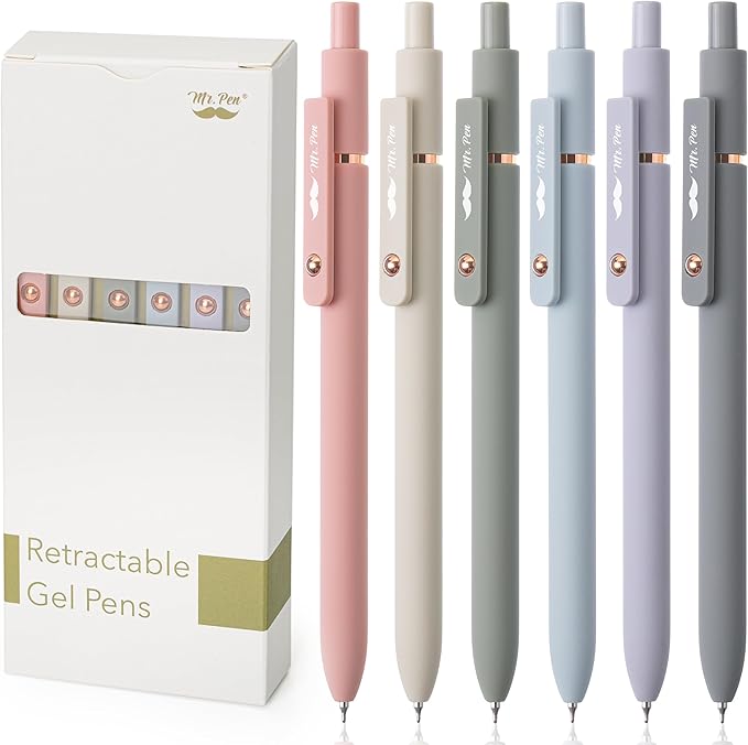Mr. Pen- Retractable Gel Pens with Rose Gold Ring and Ball, 6 Pack, Morandi Barrels, Japanese Black Gel Pens, Fast Dry, Fine Point 0.5mm