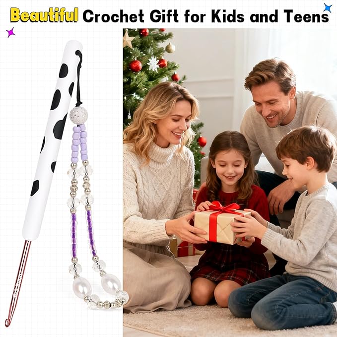 Katech Ergonomic Crochet Hook, Aluminum Soft Grip Crochet Hooks for Beginners and Arthritic Hands, Soft Clay Crochet Needle with Cow Motif and Bead Chain-Ideal Gift for Crocheter (3.5mm)