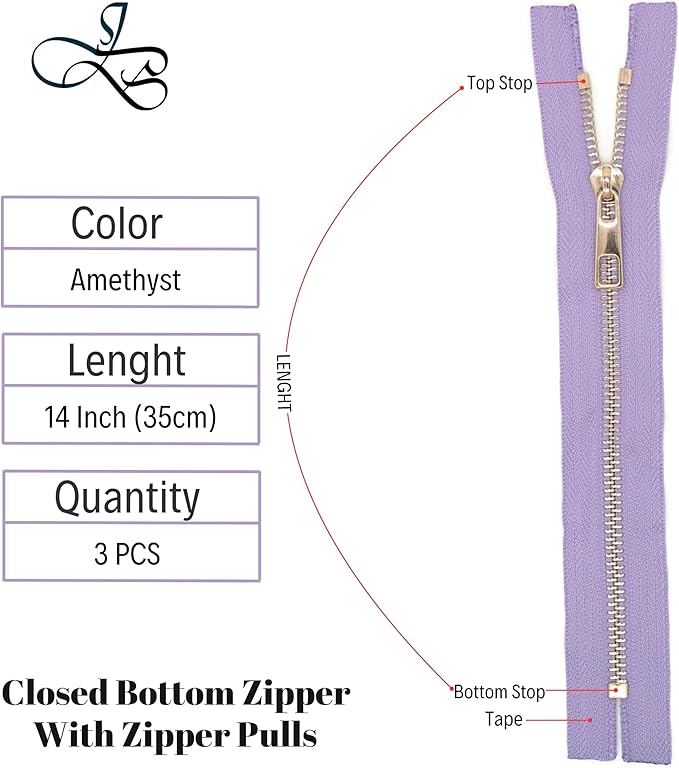 #5 Gold Metal Zipper - 50+ Colors - 3 PCS - (4-14 inches) Sizes - Luxury Lightweight Handcraft Metal Zippers with pulls for Purses Bags Pockets Shoes Sewing & Crafts DIY ZP022314