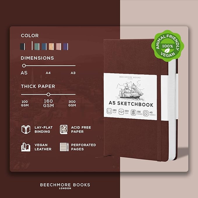 Beechmore Books A5 Sketchbook – 5.8x8.3 Premium Vegan Leather Bound Large Sketch Book Hardcover with 156 Thick 160gsm Perforated Ivory Pages, Blank Sketch Pad, Gift Boxed Back Pocket, Ribbon Bookmark