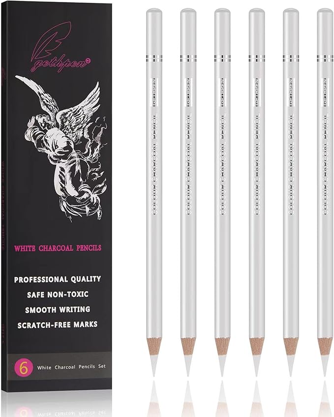 Professional White Charcoal Pencils Set - 6 Pieces Sketch Highlight White Pencils for Drawing, Sketching, Shading, Blending - Beginners & Artists