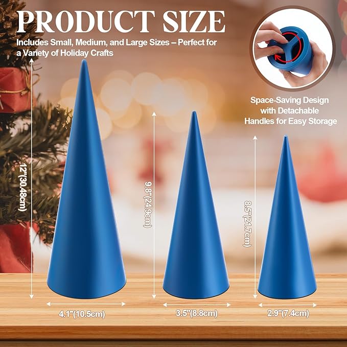 3 Size Exclusive Cone Pottery Molds for DIY Christmas Tree, 4.1'' x 12'', 3.8'' x 9.8'', 3.2'' x 8.6'' Removable Handle & Non-Warping Plastic, Shaping Tool for Art Making