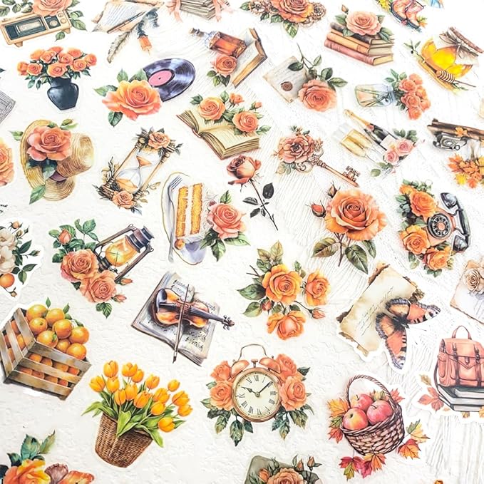 50 PCS Vintage Orange Rose Floral Scrapbook Stickers, Clear Watercolor Fall Aesthetic Stickers for Journaling, Resin Crafts, Cards, Planners, Retro Autumn Decor