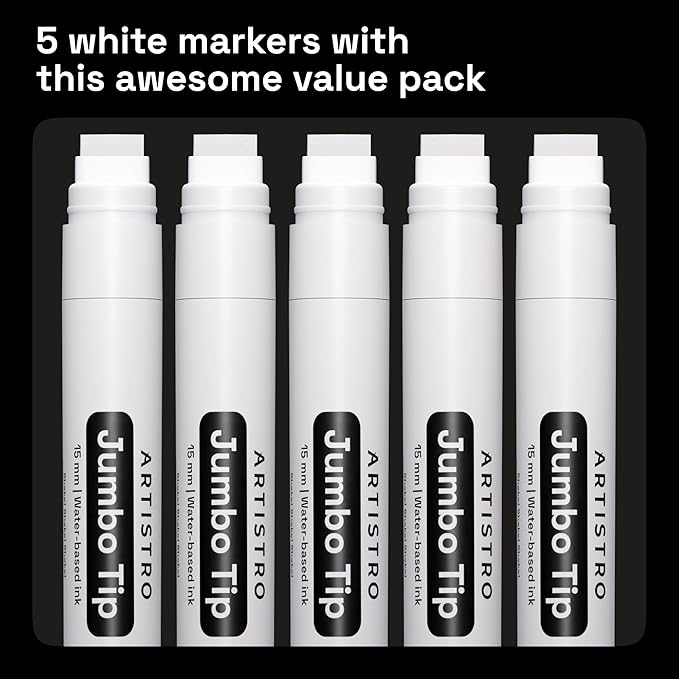 ARTISTRO 5 White Paint Pen for Glass Marking, Rock Painting, Ceramic, Wood, Tire, Fabric, Metal, Canvas - Set of 5 Acrylic Paint Markers Water-based - Jumbo Tip
