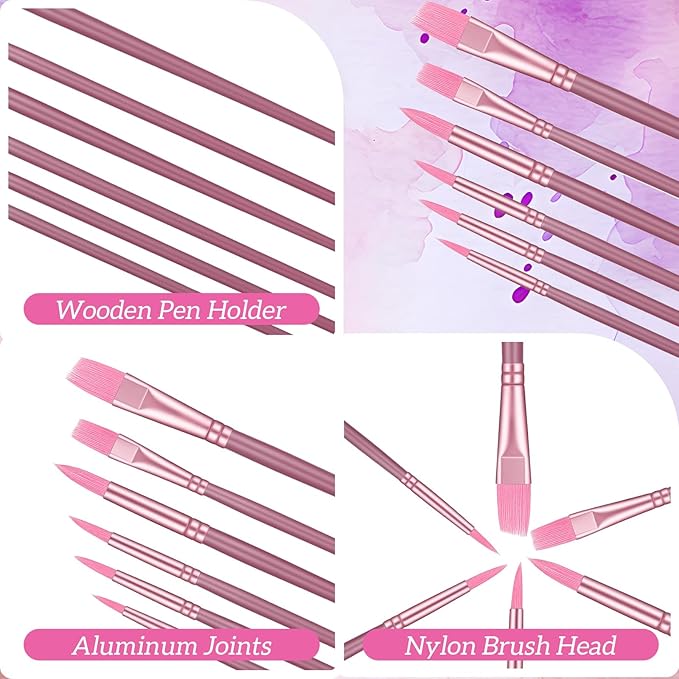 6 Pcs Nylon Hair Brushes for Paint by Number, Acrylic Paints Brush Set Watercolor Brush Oil Painting Round Flat Art Paint Brushes Kit for Beginners Adults with 2/4/6/8/10/¼ Sizes(Pink)