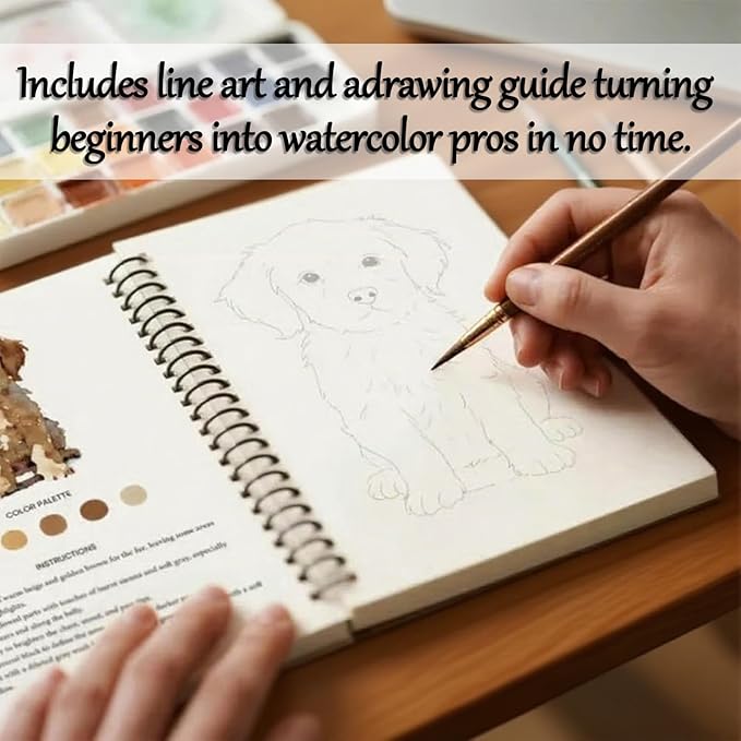 Clhjinruoliu Water Color Workbook, Animals Flowers Ocean Water Coloring Book, Nature Scenes Paint Set Art Crafts,Beginner-Friendly Watercolor Workbook, with 12 Colors Paint Set with Paints Brush,Anima