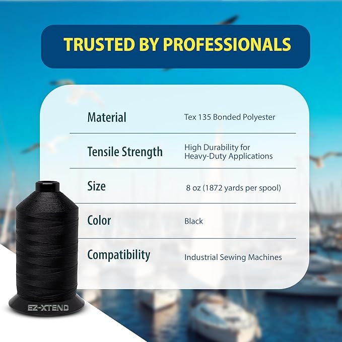 EZ-Xtend #138 Bonded Polyester Thread 100% American Made for Outdoor and Marine Fabric Sewing Applications, Awnings, Tarps, Canvas. for Heavy Duty and Industrial Sewing Machines (Black, 8 oz)