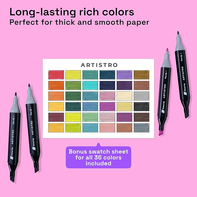 Alcohol Dual Tip Markers Set of 36 with No Bleed Ink, Bonus Case and Vibrant Fade-Resistant Colors, Art Supplies for Sketching, Manga, Drawing, Adult Coloring Books, Card Making (Fine & Chisel)