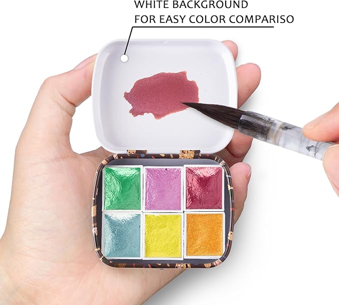 Handmade Watercolors Paint Set, 6 Shimmer Metallic Half Pans Solid Watercolor Paints,Mini Portable Travel Tin Box Glitter Sparkle Pearlescent Watercolour for Artists, Hobbyist.Morandi