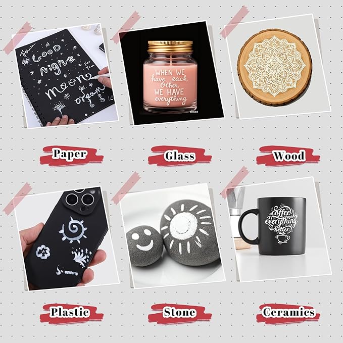 White Pens Set, 6 Pcs Acrylic Paint Pens Dual-Tip Marker Fineliner Brush Pen Quick-Drying Waterproof White Ink Pen for Black Paper Drawing Sketching Clothes Wood Glass Ceramic Stone