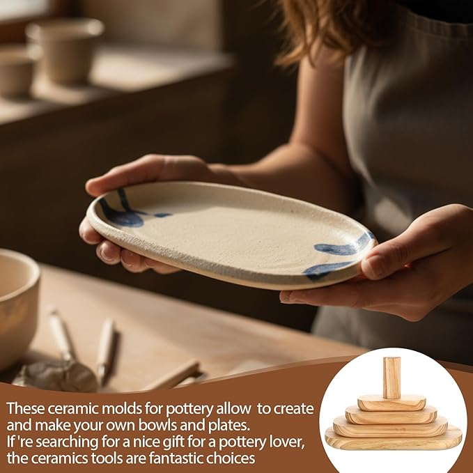 4 Pack Pottery Molds Plaster Molds Wood Pottery Tools with Handle for Ceramic Top Forms DIY Bowls Plate Dish Slump Press Art Making(Oval,12x6'' 10x5'' 8x4'' 6x3'' Thickness 1'')