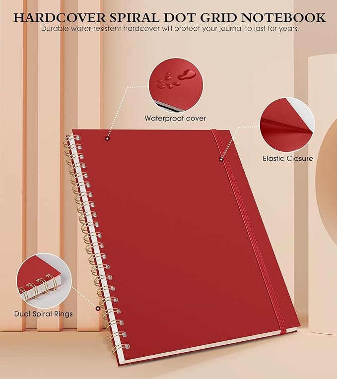 Dotted Notebook, Spiral Notebook Journal 8.5” x 11”, A4 Large Dot Grid Notebooks for Women Men, 100 GSM Dotted Paper, Plastic Hardcover Spiral Bullet Journals for Work School Sketching, Red
