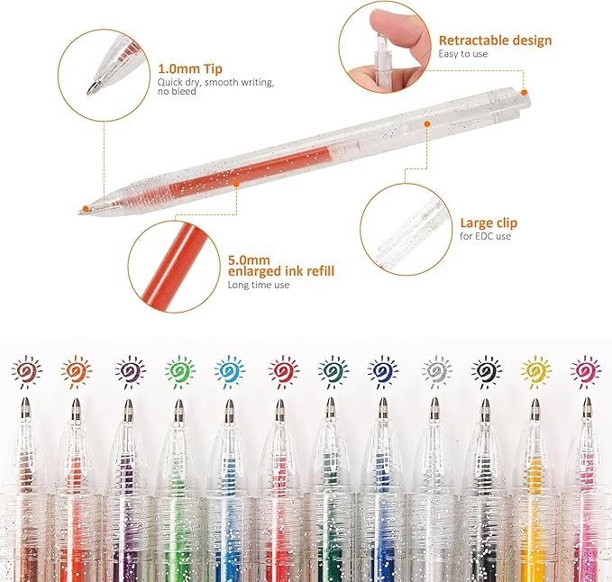 SMOOTHERPRO Glitter Retractable Gel Pens 18 Colors Metallic Colored Gel Pen 1.0 mm Bold Silver Glitter Gel Ink for Adults Coloring Journaling Drawing Doodling (GRP018N)