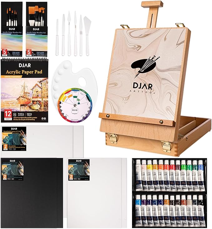 DJAR 49 pcs Acrylic Painting Set, Includes Desktop Easel, Acrylic Paint, Canvas, Sketchbook, Painting Pads, 24 Color Paint Kits for Adults, Artists, Beginners