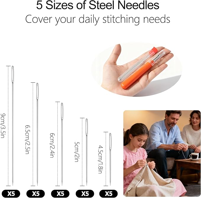 37 Pcs Big Eye Steel Sewing Needles Kit, Portable Stainless Steel Needle and Threader for Hand Sewing, Suitable Christmas Gifts for Women, Mom, Grandma