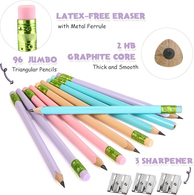 Fainne 102 Pcs Bulk Thick Jumbo Graphite Pencils Set 96 Fat Giant Large Pencils and 6 Sharpeners Enhanced Grip for Art Drafting Writing Drawing Office and Home Use(Macaron Colors,Triangle)