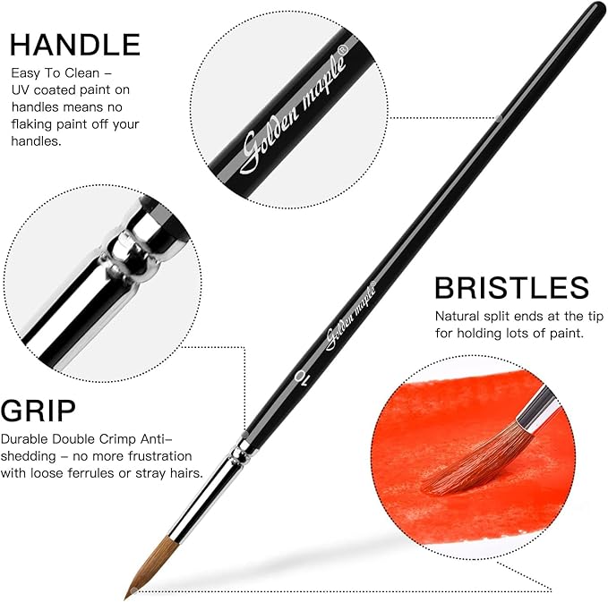 Watercolor Brushes Professional Set, 10 Artist Brushes Watercolor Paint Brushes, Golden Maple Sable Brush Paint Brushes-Round Tip, Flats, Dagger, Oval Wash for Detail Painting, Water Color, Gouache