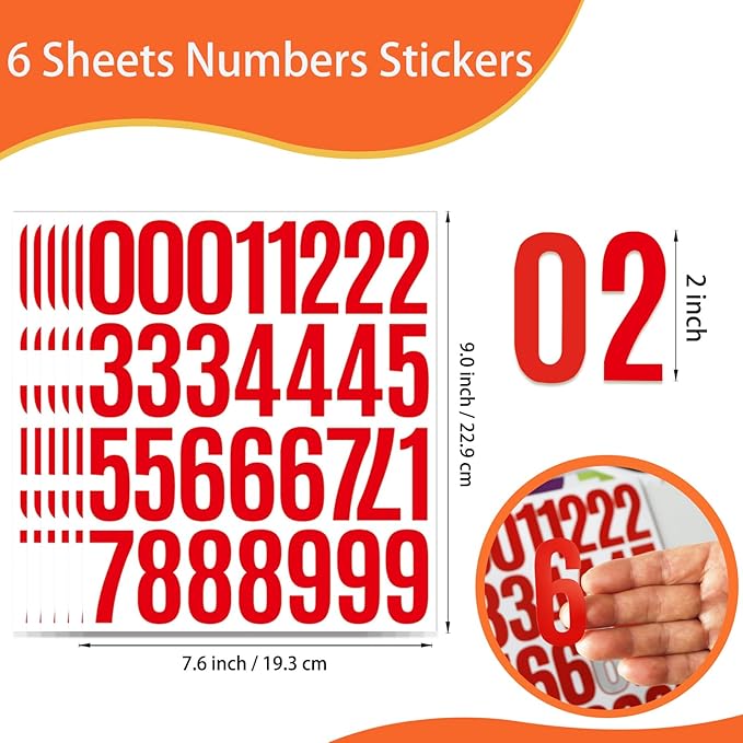 6 Sheets 2 Inch Mailbox Numbers Stickers Vinyl Decals,Self Adhesive Number Waterproof House Address Numbers for Outside Mailbox,Signs,Window,DIY Crafts Making,Door,Car,Home,Business(Red)