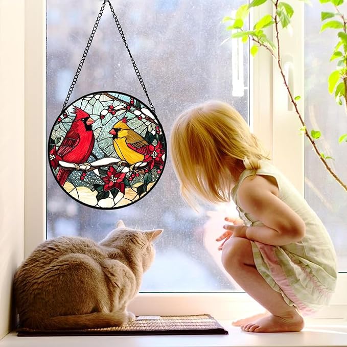 Stained Glass Window Hanging, Love Birds Cardinals Sun Catchers Colorful Glass Panel Birds Suncatcher Decor for Birthday for Women, Men, Wife, Lovers, and Mom 14.9x14.9 in