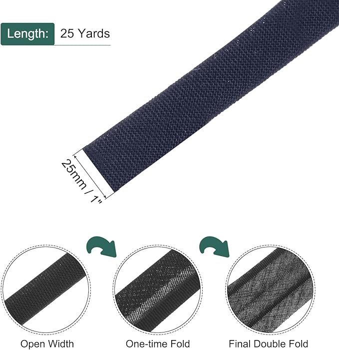 MECCANIXITY 1 Inch Double Fold Bias Tape Polyester Continuous Bulk Bias Tape for Sewing,Seaming Quilting Hemming Binding Crafts (Navy Blue 25 Yards)