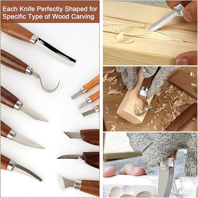Deluxe Wood Carving Kit, Wood Carving Tools Set, 8Pcs Whittling Knifes&5Pcs Detail Carving Knives with Large Leather Case & Gloves, Wood Whittling Kit for Beginners and Carpenter Experts