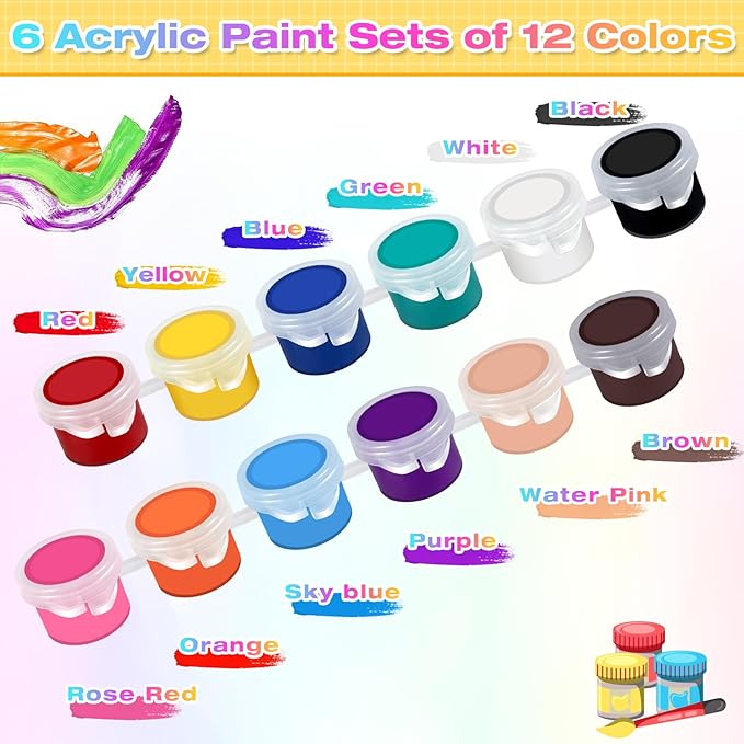 20 Pack Mini Acrylic Paint, 12 Colors Acrylic Paint Strips with 44 Painting Brushes, Washable Mini Painting Kit for Home Birthday Party Favors Art Supplies