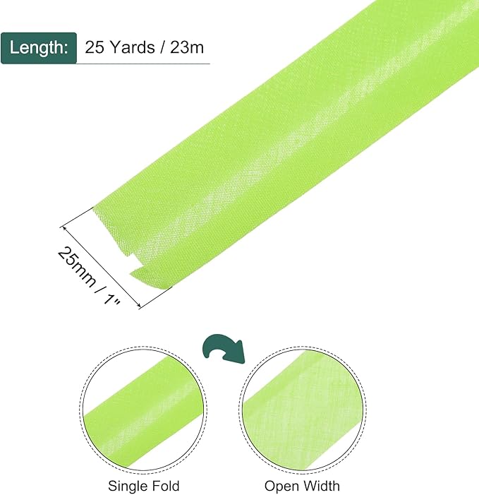 MECCANIXITY 1 Inch Single Fold Bias Tape Polyester Continuous Bulk Bias Tape for Sewing, Seaming Quilting Hemming Binding Crafts (Fluorescent Green 25 Yards)