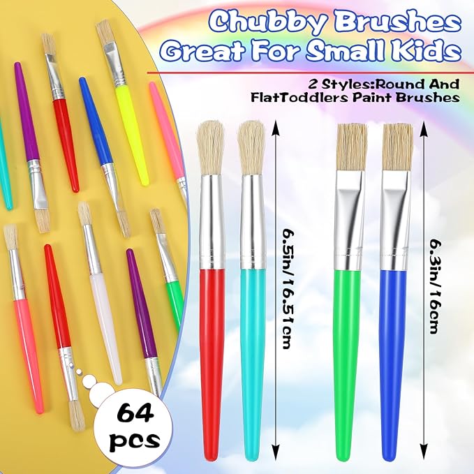 64 Pcs Paint Brushes Sets for Kids Toddler Art Supplies Large Chubby Round and Flat Brush for School Washable Acrylic Oil Paint