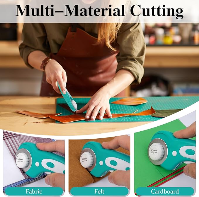 45mm Rotary Cutter for Fabric, Fabric Cutters with 5pcs Extra Rotary Blades, Roller Cutter Set for Sewing, Quilting, Leather & Craft Projects (Teal)