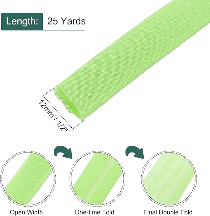 MECCANIXITY 1/2 Inch Double Fold Bias Tape Continuous Bulk Cotton Bias Tape for Sewing Seaming Quilting Hemming Binding Crafts (Green 25 Yards)