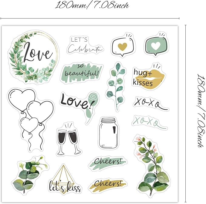 4Sheets Green Wedding Celebration Stickers for Bridal Scrapbooking, Pastel Watercolor Self-Adhesive Waterproof Wedding Stickers for Letters,Envelopes,Bridal Shower,Anniversary Invitations,Guestbook