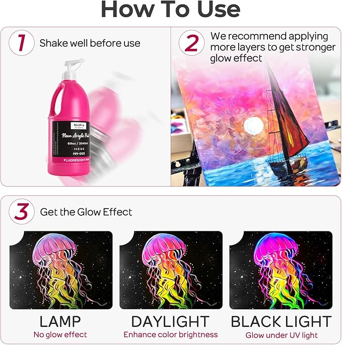 Nicpro Fluorescent Pink Large Acrylic Paint Set (69 oz, 2040 ml), Glow in the Black Light, Non-Toxic Neon Paint for Neon Party Decoration, DIY Project on Multi-Surface, Canvas, Rock, Wood, Craft