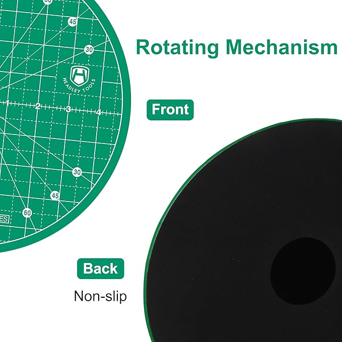 Headley Tools 10"x10" Round Rotating Cutting Mat, Self Healing Mat with 360-Degree Rotation & Anti-Slip Base, Sewing Board Cutting Mat Perfect for Fabric Quilting Leather Hobby Project, Green