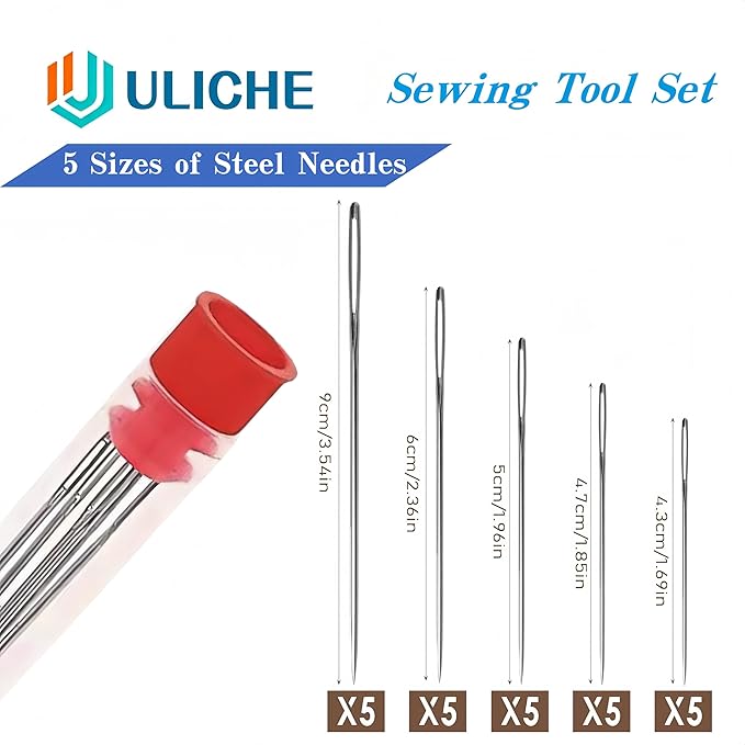 Uliche 38Pcs Big Eye Sewing Needles Kit, Stainless Steel Hand Sewing Needles with Thread Ripper, Threaders, Thread & Thimbles, Portable DIY Repair Tool Set